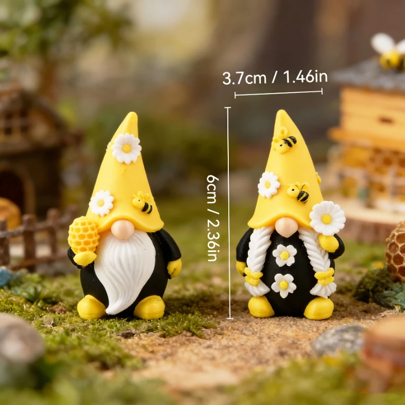 2PCS Bee Gnome Garden Figurines, Cute Resin Fairy Garden Decor Statues for Flower Pots, Patio Lawn Yard Home Decoration