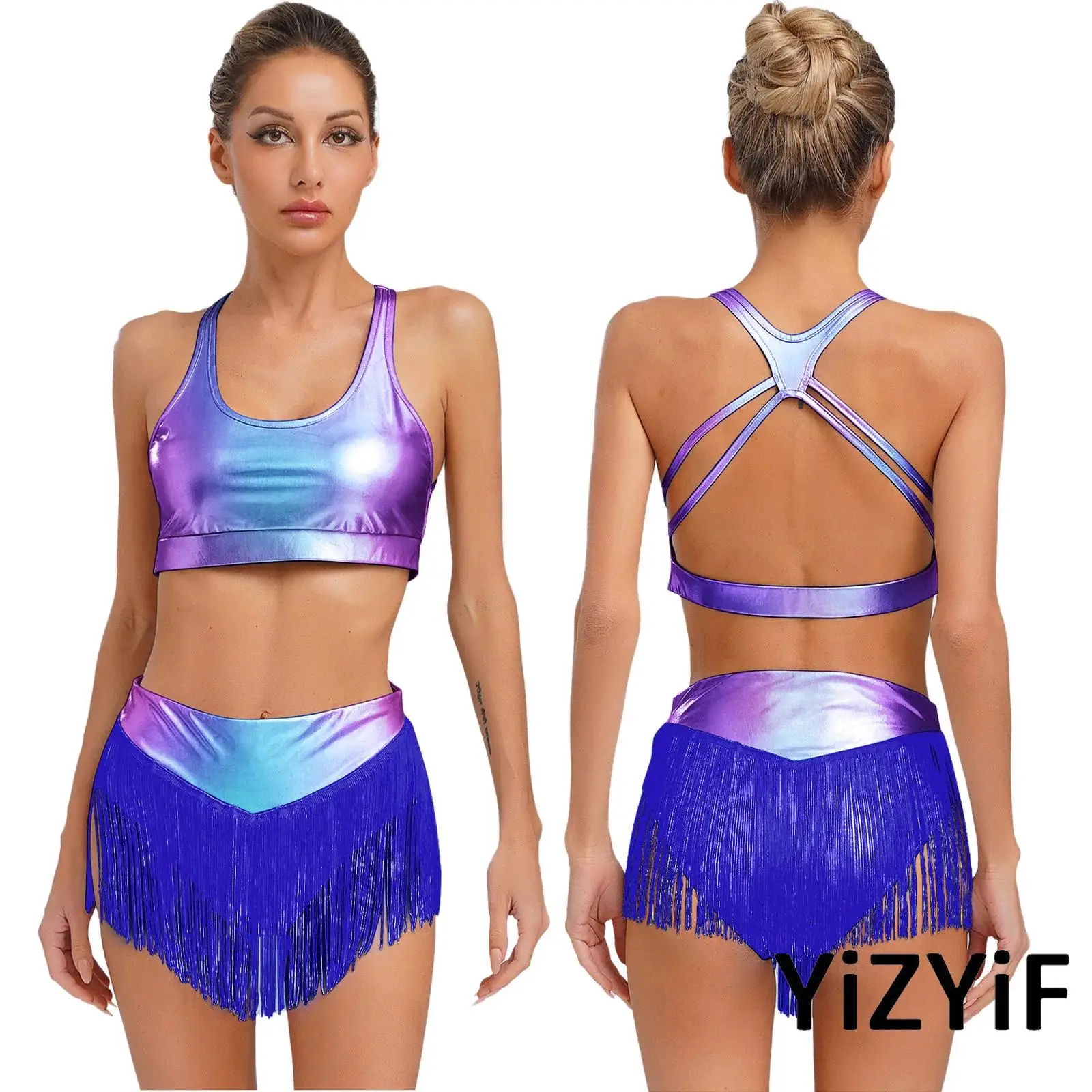

2Pcs Women Sexy Pole Dance Outfit Metallic Shiny Rave Flowing Fringe Scoop Neck Sleeveless Crop Top+Brief Shorts Suit Club Night