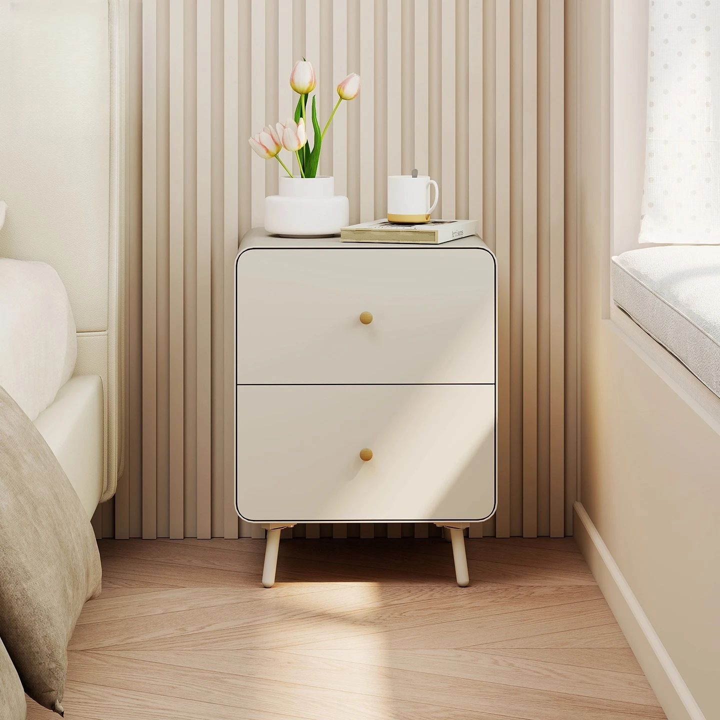 

Non-solid wood steel bedside table cream style home bedroom light luxury high-end bedside storage cabinet