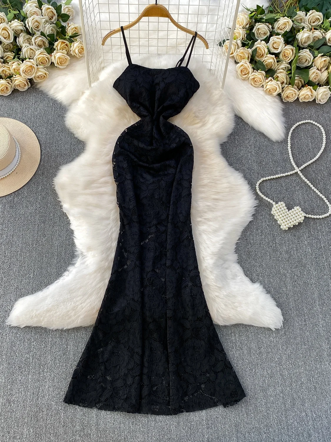 

Ele сексуальное кружевное платье на бретельках, женское летнее облегающее платье с длинным хвостом и высокой талией, неэластичное облегающее платье без насадок