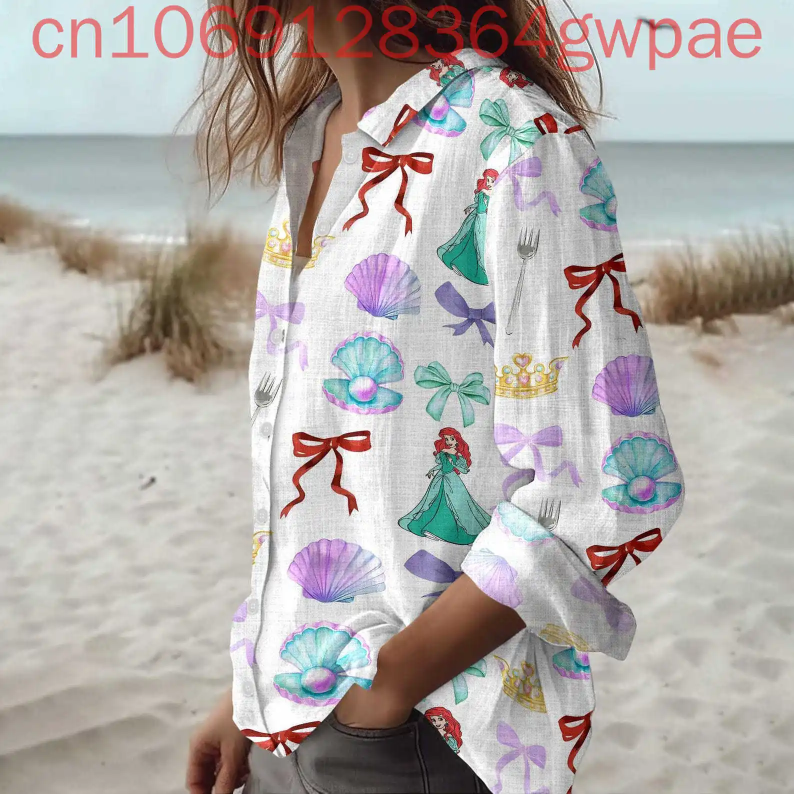 

Disney Little Mermaid Ariel Hawaii Women's Shirt Summer Long Sleeves Button Shirt 3D Print Fashion Casual Y2K Women's T-Shirt
