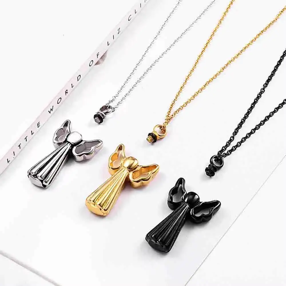 Stainless Steel Angel Cremation Urn Cross Ash Pendant Necklace Keepsake Jewelry Gift