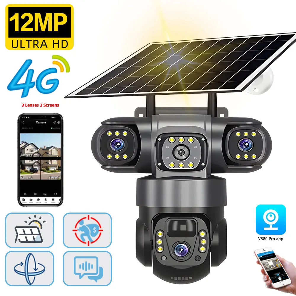 12MP 4G Sim Card Three Lens PTZ Solar Security Camera Three Screens PIR Detection Outdoor Wireless CCTV Surveillance IP Camera