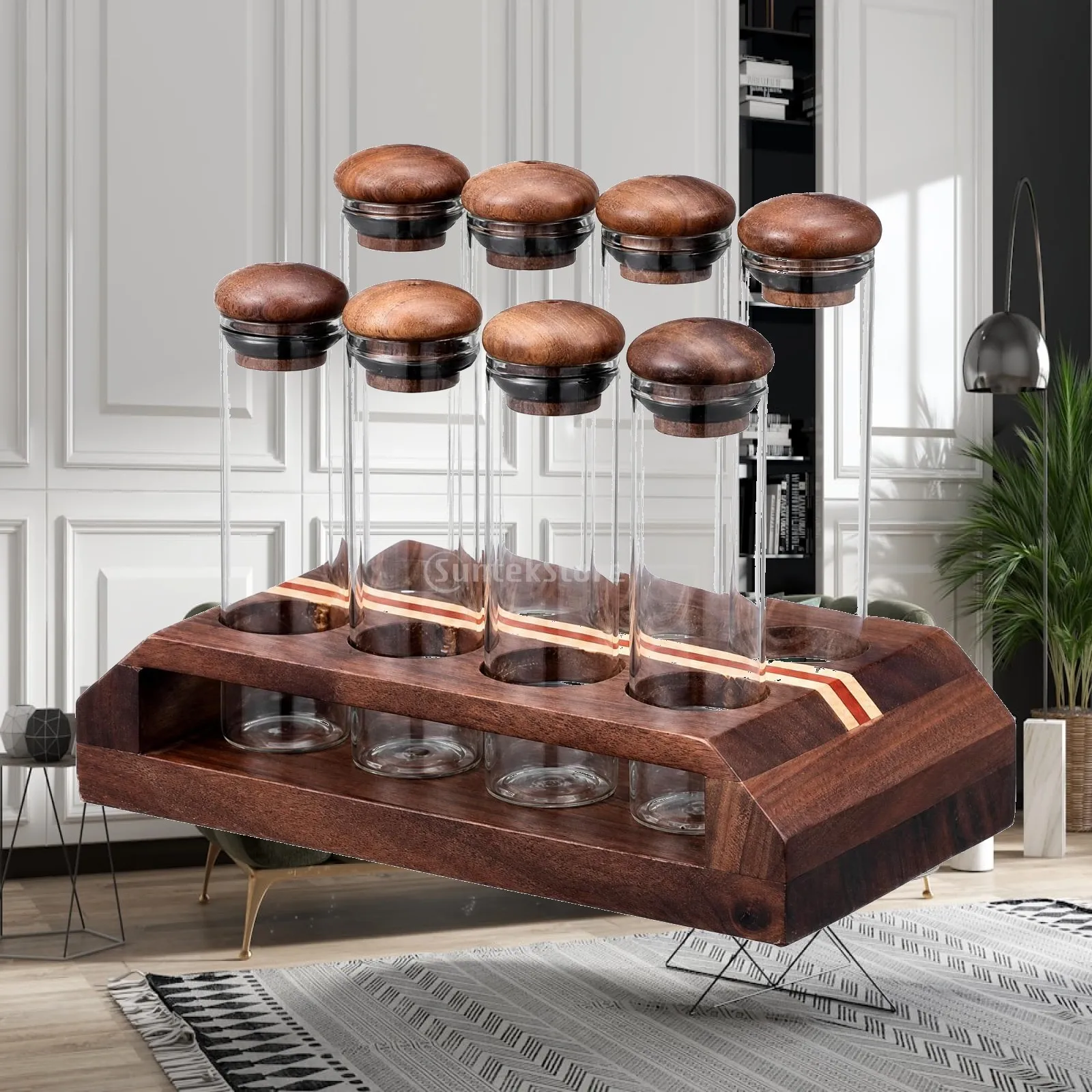Clear Aroma Jar with Wood Lid and Rectangular Base Rack for Coffee Tasting Spice Dried Goods Portable Display
