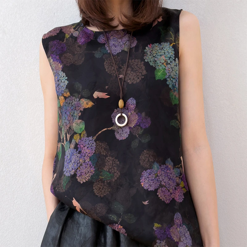 Women Tank Top 100% Mulberry Silk Black Hydrangea Floral Printed Sleeveless Casual Top Shirt Blouse Pullover Summer M1685