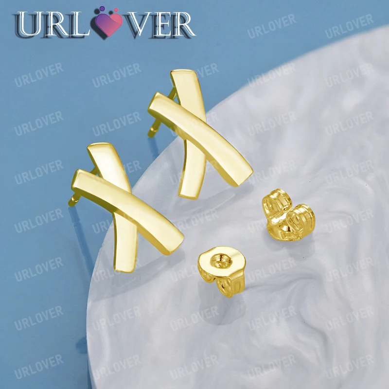 

URLOVER 18K Gold X-shaped Earrings For Women 925 Sterling Silver Hoop Earring Party Wedding Fashion Charm Jewelry Birthday Gifts