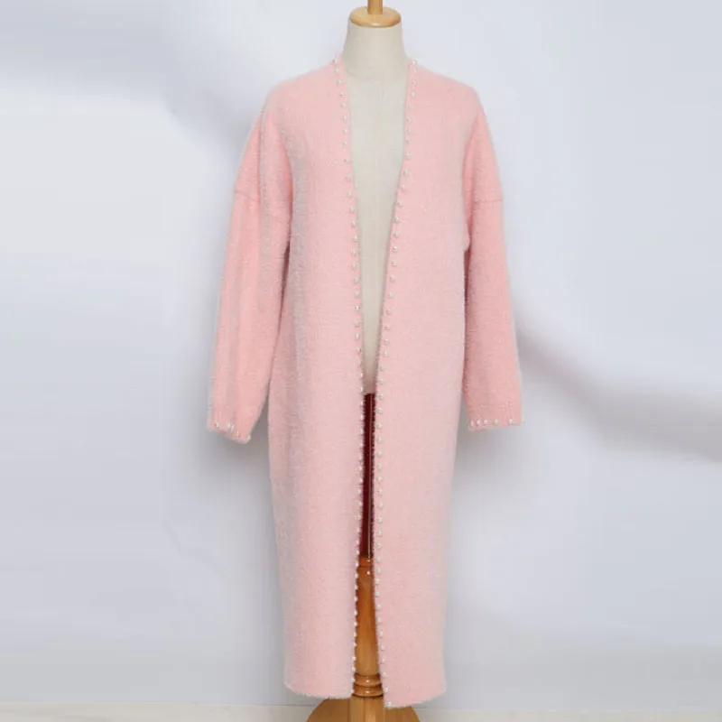 

Autumn Fashion Beaded Mink Fleece Coat Winter Women Elegant V-neck Long Sleeve Solid Cardigan 2025 Causal Loose Knitted Jackets