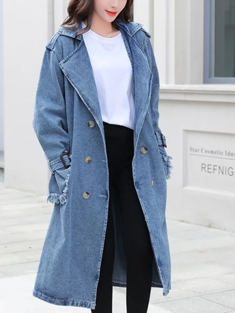 Manteau semi-long en denim bleu avec ceinture pour femme, coupe-vent effiloché, manches longues, vintage, décontracté, printemps, automne, 2023