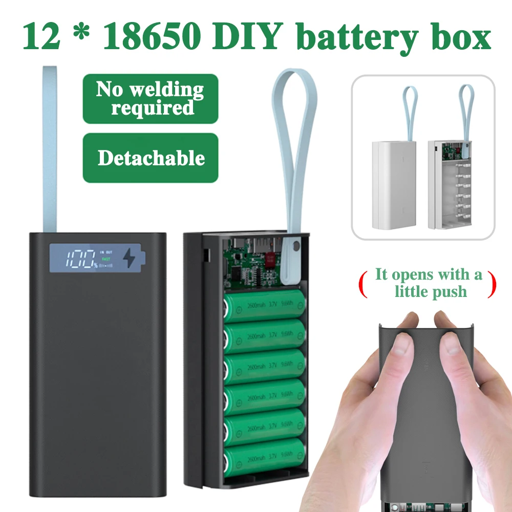 Portable DIY Detachable Power Bank Case 12 PCS 18650 Batteries Wireless Quick Charge For Phones Charging Battery Storage Boxes