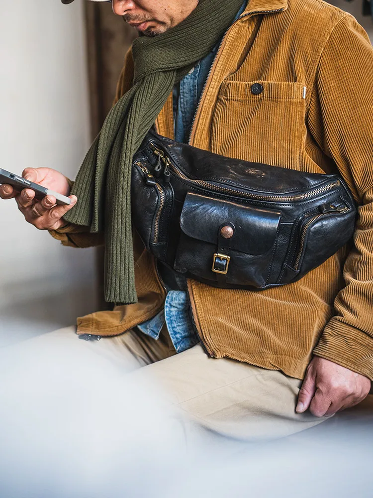 PNDME fashion vintage high quality genuine leather men's chest bag outdoor daily handmade cow leather motorcycle crossbody bag