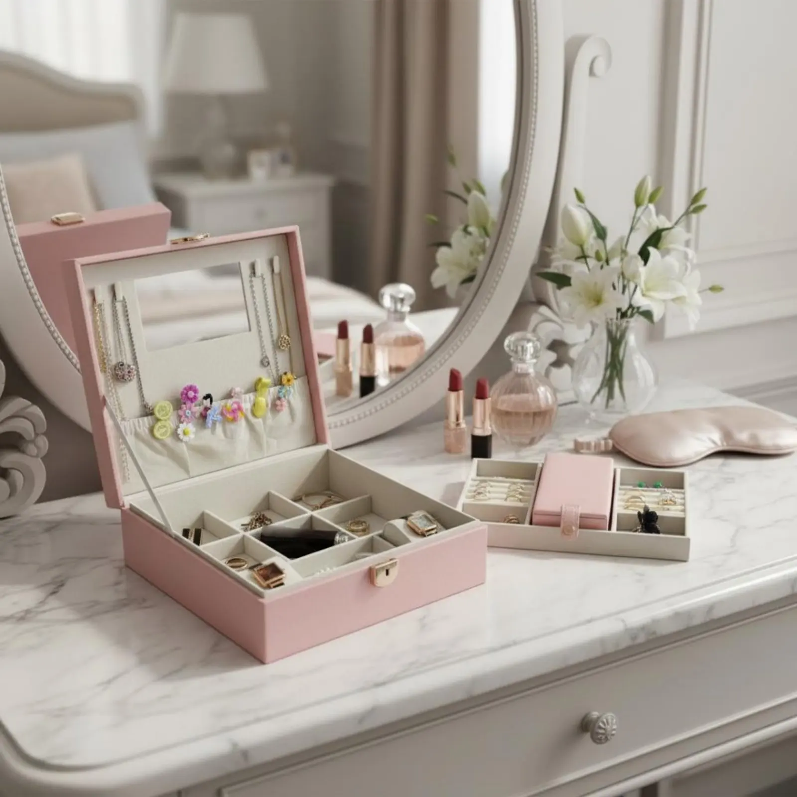 

Multi-Tier Jewelry Box Soft Luxurious Textile Lining Multi-Compartment Jewelry Holder Watch and Band Storage Case Removable