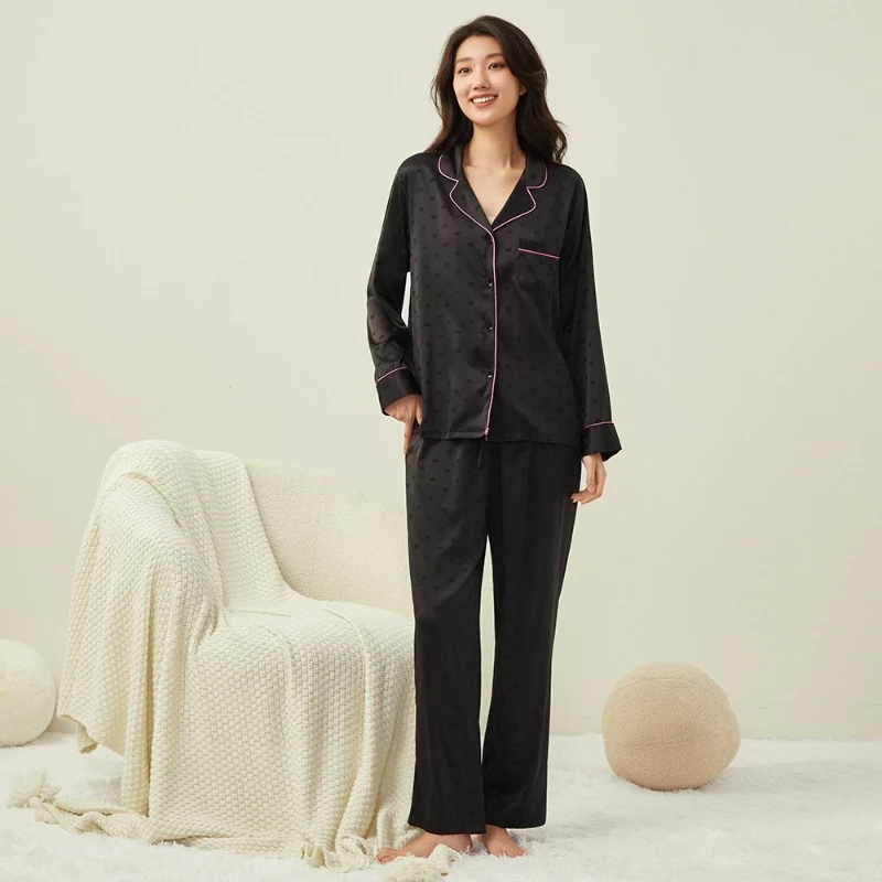 2026 New Autumn Long Women's Pajamas 2-piece Set Classic Black Polka Dot Loose Casual Wear Lapel Buttons Luxury Brand Pajama Set