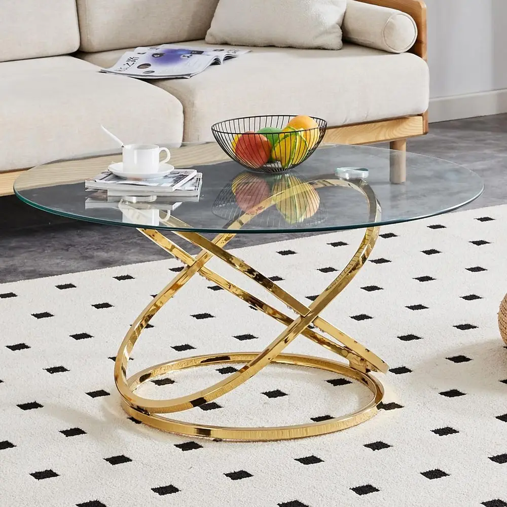 

Modern 39.4 Round Glass Coffee Table with Gold Ring Frame for Living Room