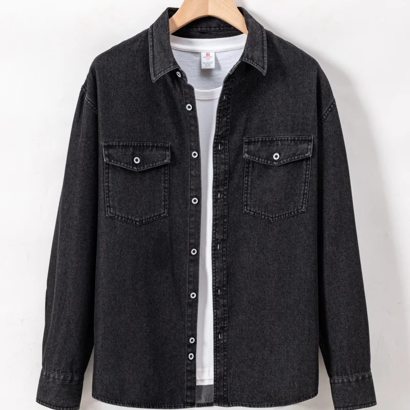 

Мужская спортивная рубашка с воротником, модная, повседневная, из чистого хлопка, с двумя карманами, джинсовая, с длинными рукавами, стильная, универсальная.