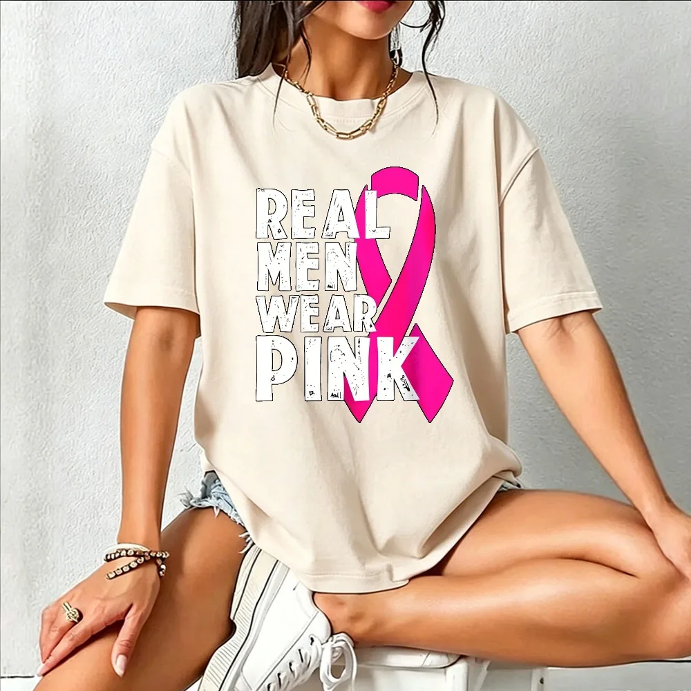 Real Men Wear Pink Pink Ribbon Distressed Text Graphic Print Men Cotton T‑Shirt  Breast Cancer Awareness Support Casual Tops Tee