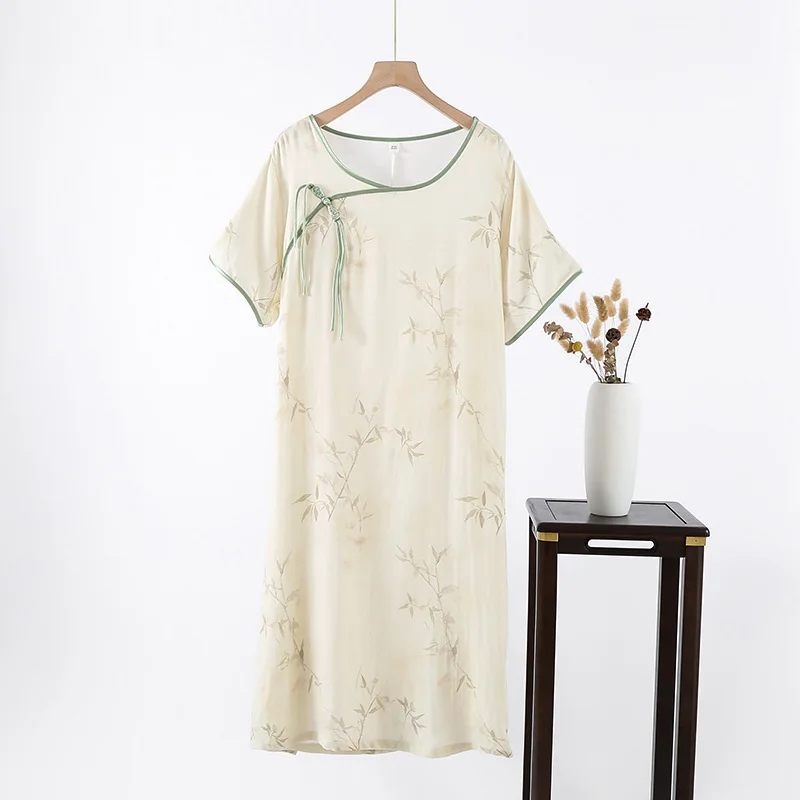 

Chinese Retro Style Bamboo Cotton Double-layer Yarn Night Dress Women Short Sleeve Round Neck Elegant Nightgown Loose Soft Skirt