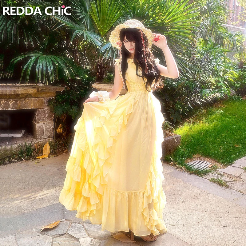 ReddaChic Sukienka Tank Top z Dekoltem V, Damska Szyfonowa Sukienka z Nieregularnymi Falbanami, Bandazowym Tyłem, Odkrytymi Plecami, Długa, Zwiewna Sukienka w Stylu Boho, Letnia Odzież