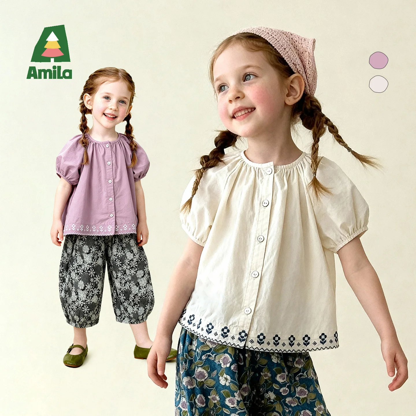 Amila 2026 Summer New Girls' Shirt Embroidered Lace Puffed Sleeves Sweet And Forest-Inspired Gentle Round Neck Top
