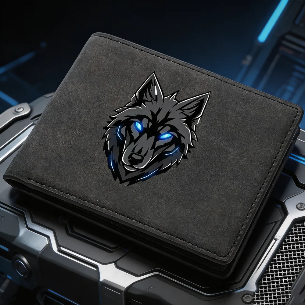 Men's Retro Bifold Wallet Cool Blue Eyes Wolf Pattern Double-Fold PU Leather Fashion Wallet Coin Bag Simple And Stylish