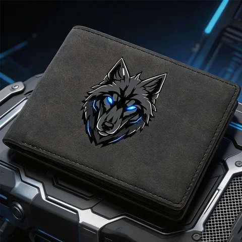 Carteira Masculina Retrô Bifold com Estampa de Lobo Olhos Azuis, Carteira de Couro PU Dupla Dobrável, Bolsa de Moedas Simples e Elegante