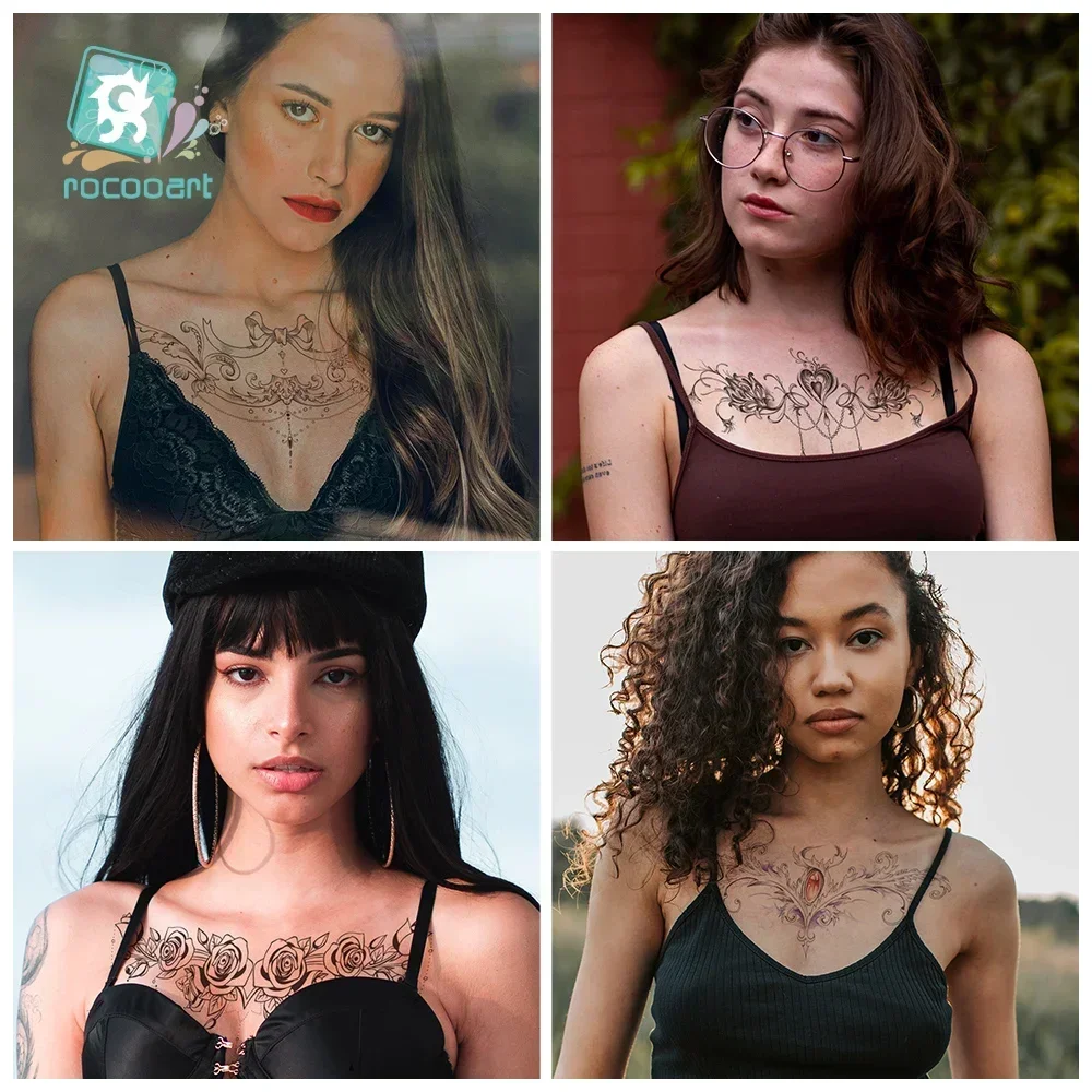 Women Girl Big Chest Necklace Fake Tattoo Temporary Mandala Flower Henna India Tatoo Stickers Custom Black Turtle Tattoos Girls