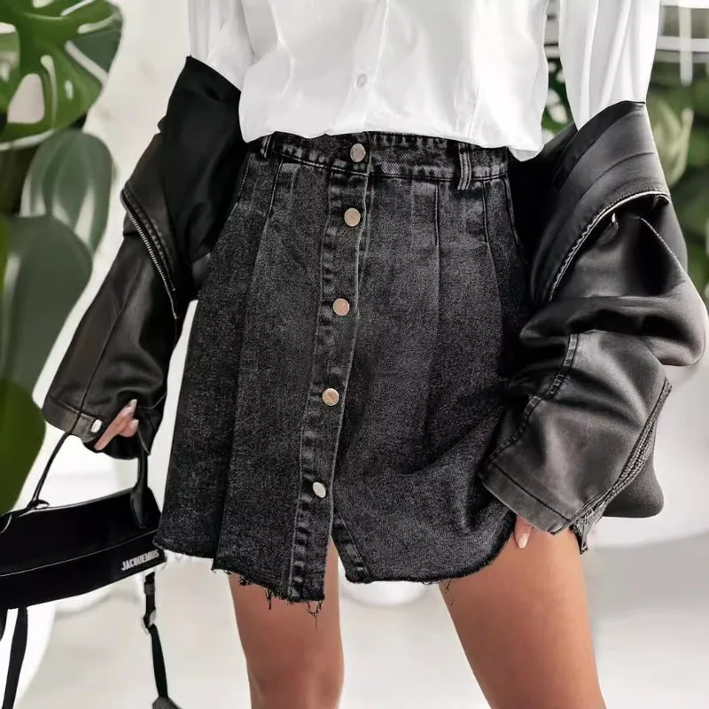 2024 Spring Summer New Women's Clothing Sweet Cool Hot Girl Fashion Single-Breasted Denim Pleated Skirt