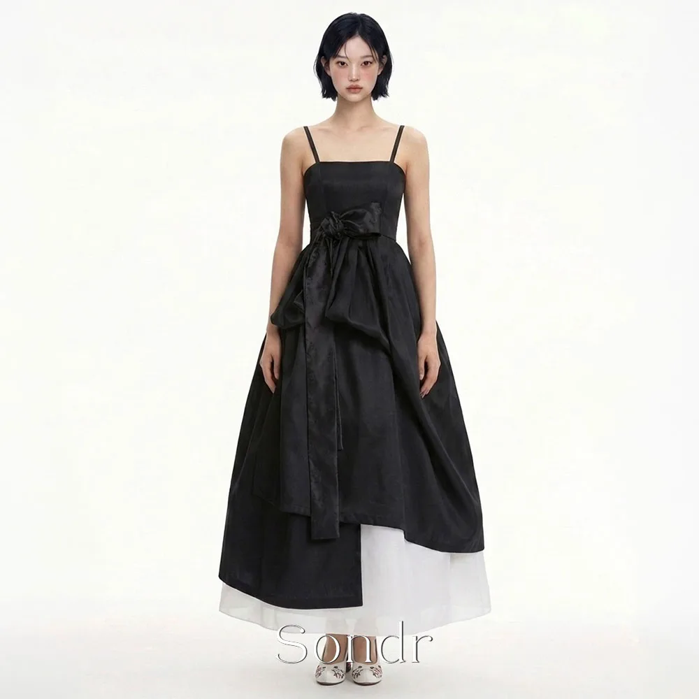 Sondr Black Spaghetti Strap Korean Evening Dresses Ankle-Length Customized Gift Bow Women Party Dresses