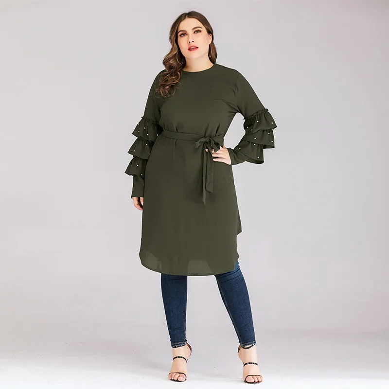 Slim Lace-up Dress for Women Multi-layered Long Sleeve Beaded Abaya Dubai Abayas Islamic Clothes Casual Arab Evening Party Dress