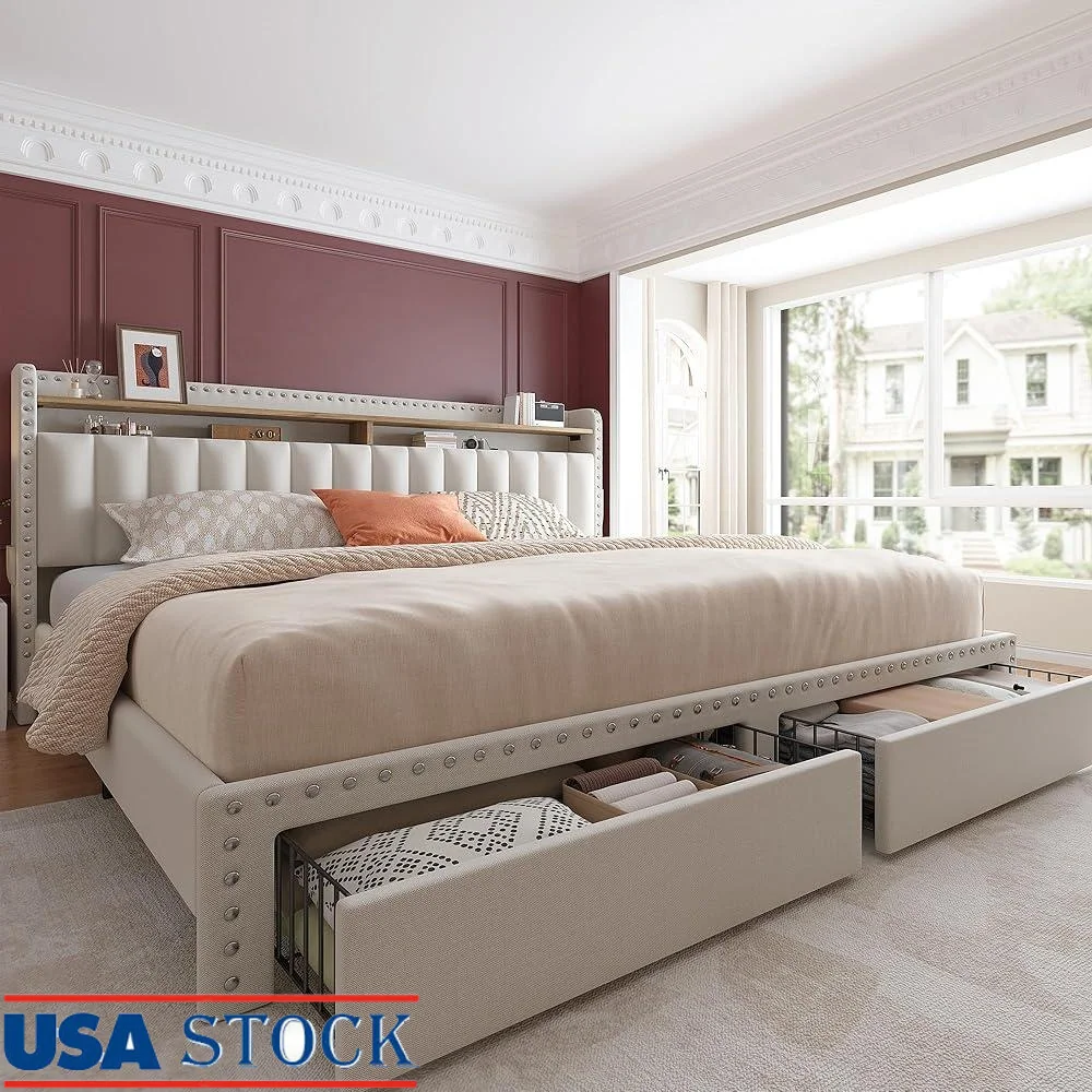 

King Size Bed Frame with Storage Upholstered Headboard 2 Large Drawers Sturdy Support Slats No Box Spring Needed Sleep Comfort