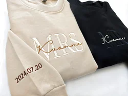 Sudadera bordada personalizada de señora, regalo para el futuro regalo de compromiso de señora y señor, novia para ser, fecha en la manga, regalo del día de San Valentín