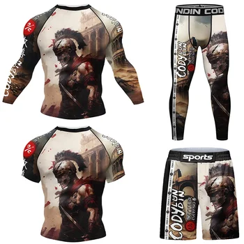 Mma roupas homem rashguard camiseta + calças define rash guard jiu jitsu mma camisa de compressão + shorts bjj boxe camisas ternos esportivos