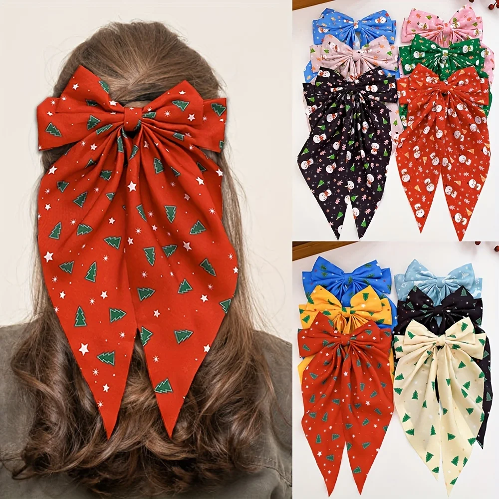 

Рождественская заколка для волос для девочек с бантиком и рождественской елкой, Санта-Снеговик и звездчатые узоры, милый модный праздничный подарок