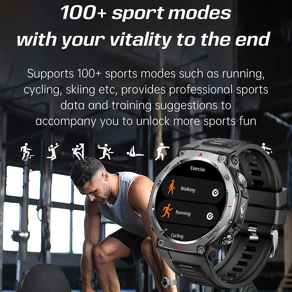 2025 مصباح يدوي عسكري رياضي ساعة ذكية رجل مدمج ثنائي النطاق GNSS البوصلة 5ATM مقاوم للماء 1.43 بوصة AMOLED HD Smartwatch