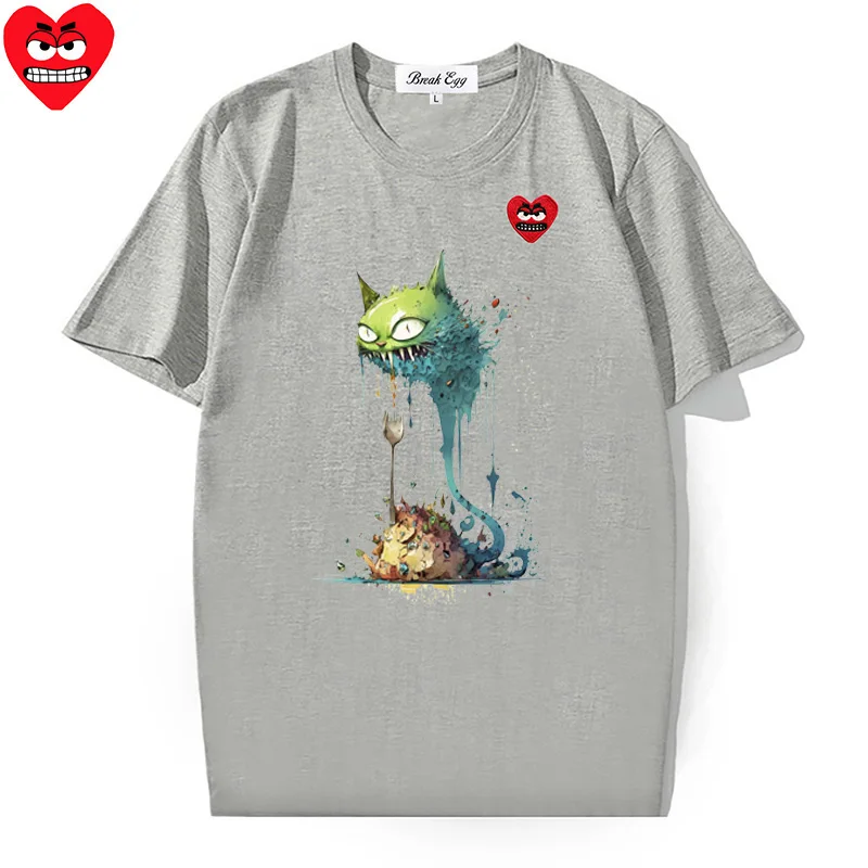 Virus Cat Cute Colorful Printing Women Men T-shirt Cotton Snag Heart Embroidery O-neck Short-sleeved Straight Summer T-shirt