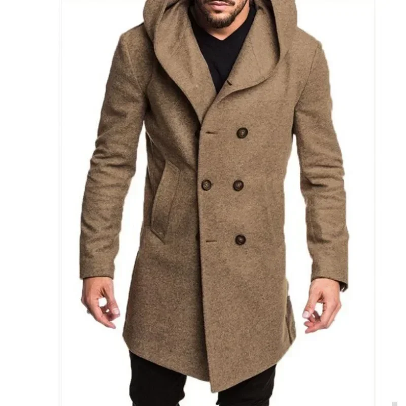 New Men's Coat 2023 Spring Autumn British Men Hooded Silk Floss Woolen Coat Fashion Casual Woolen Coat