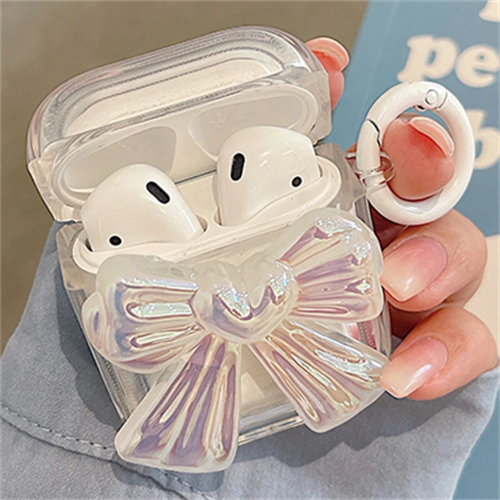 Funda de auriculares transparente con lazo grande láser 3D para AirPods, carcasa protectora con llavero, cubierta suave, 1, 2, 3, Pro 2