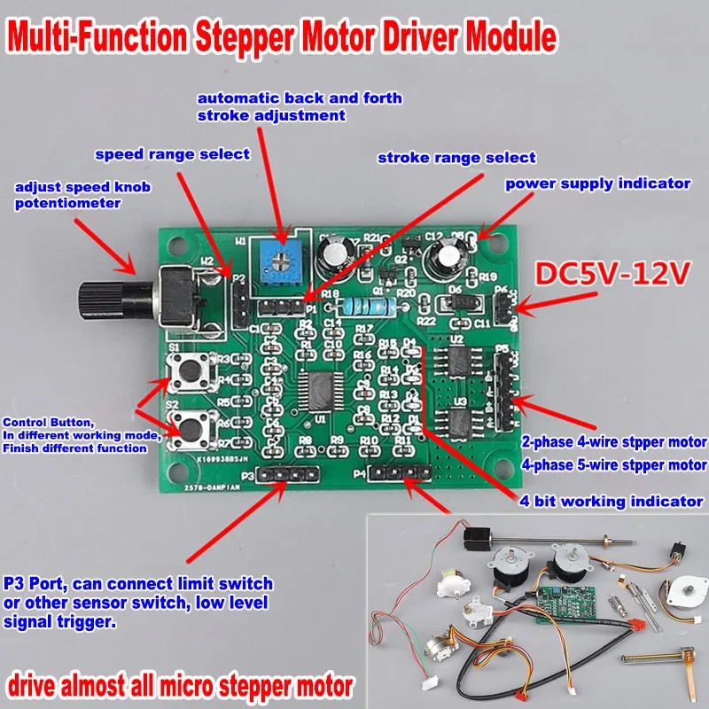 DC 5V 6V 12V wielofunkcyjny Mini Stepper regulator prędkości silnika płyta sterownicza dla mikro-, małych i 2-fazy/4-faza 5-drutu silnik krokowy