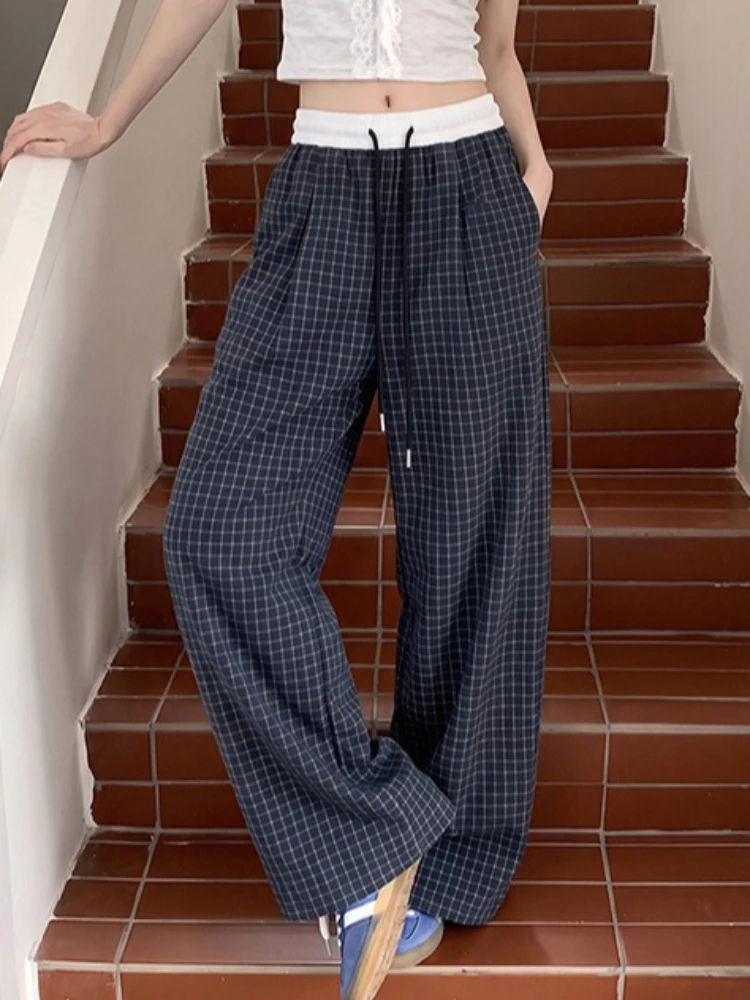 Fashion High Street Trousers Women Color Blocking Design White Waist Wide Leg Pants Women Korean Style Plaid Pants for Women