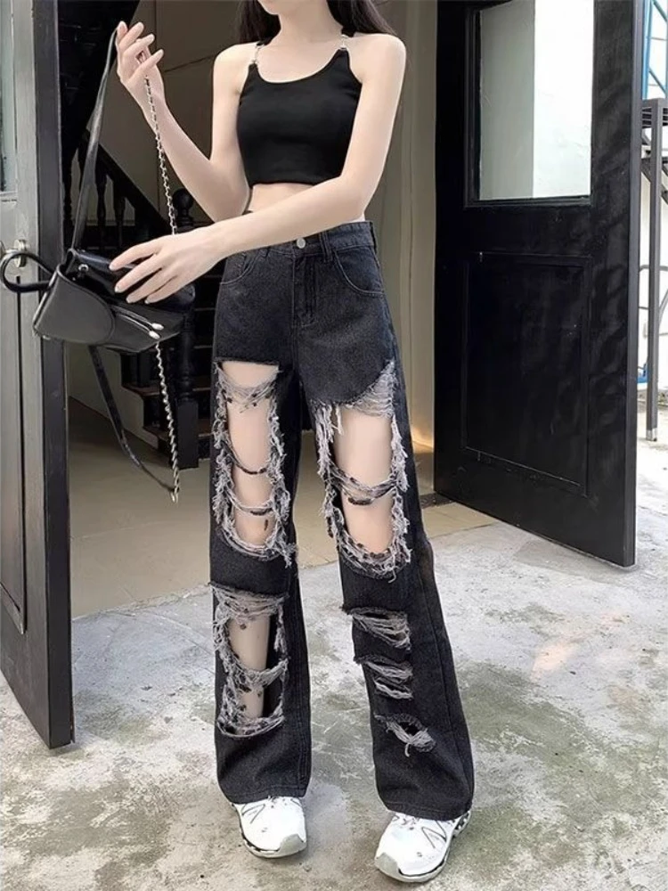 Ladies US Style Streetwear Black Distressed Baggy Figure Flattering Straight Cut Wide Leg Dragging Long Denim Pants