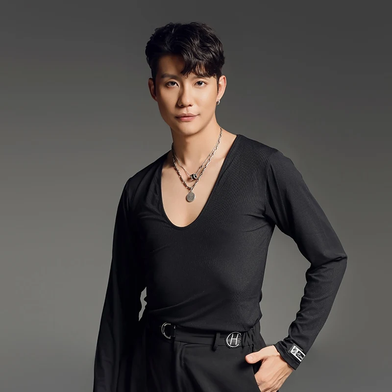 

2026 Latin Dance Tops For Men Slim Long Sleeved V-Neck Shirts Chacha Rumba Tango Dress Adult Male Lain Performance Wear DQS18102