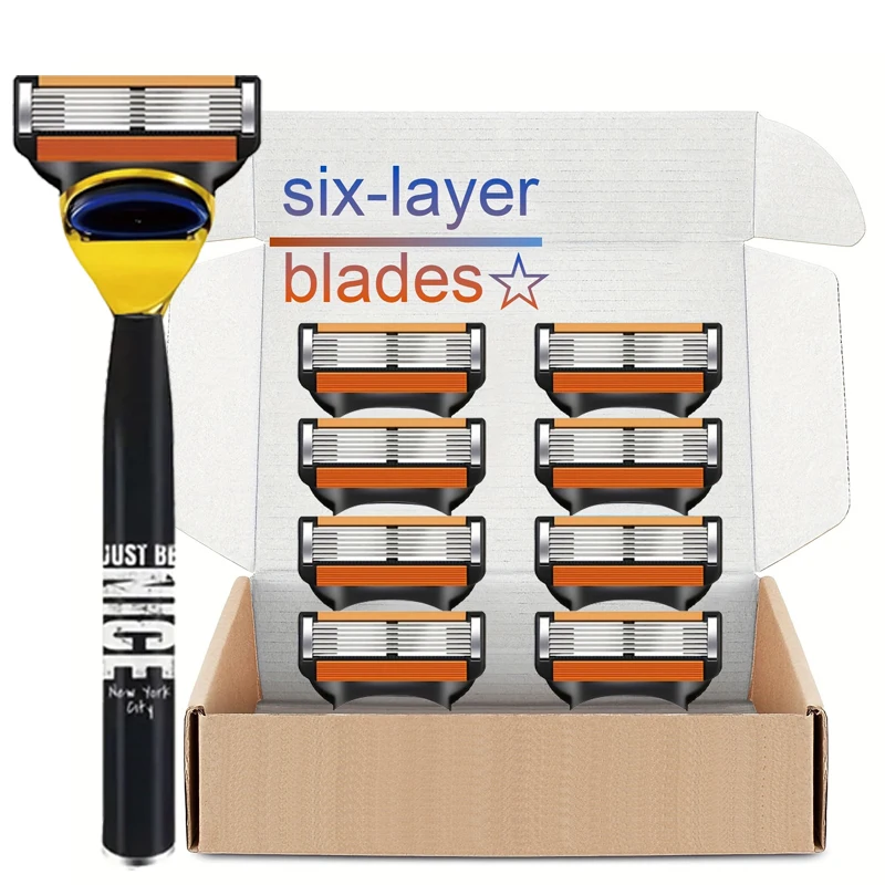 Men's manual shaver with six layers of blades, men's shaving stainless steel blade set with six layers of safety razor blades