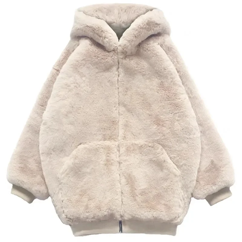 Women's 2023 Autumn/Winter New Korean Version Loose Cocoon Type Thickened Rabbit Hair Clothes Hooded Coat Solid Commuter Zipper