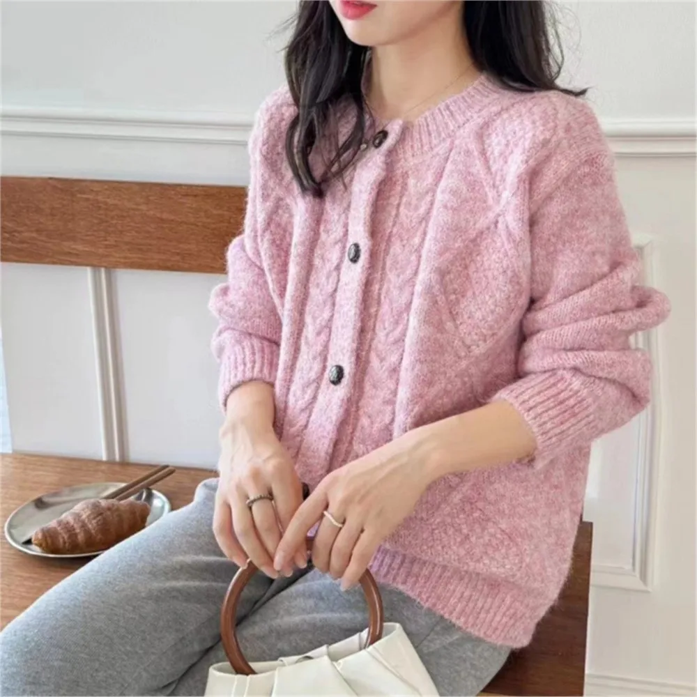 B-TOTO Design Round Neck DoughTwists Sweater Coat Is Suitable For Autumn And Winter Wear Loose Single Breasted Knitting Cardigan