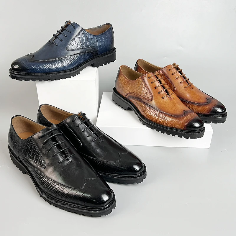 

Men's Genuine Leather Embossed Oxford Dress Shoes Pigskin Lining Rubber Outsole Lace-Up Business Wedding Formal Shoes