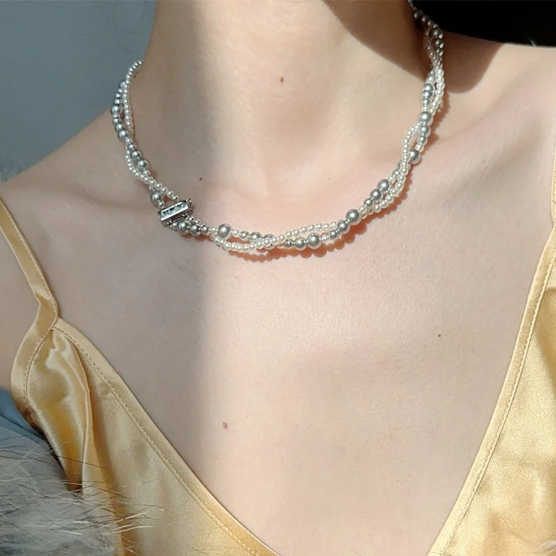 Fashion Imitation Pearl Wrapped Necklace Double Layer Magnetic Buckle Neck Chain Choker Necklace Jewelry Gift image 4