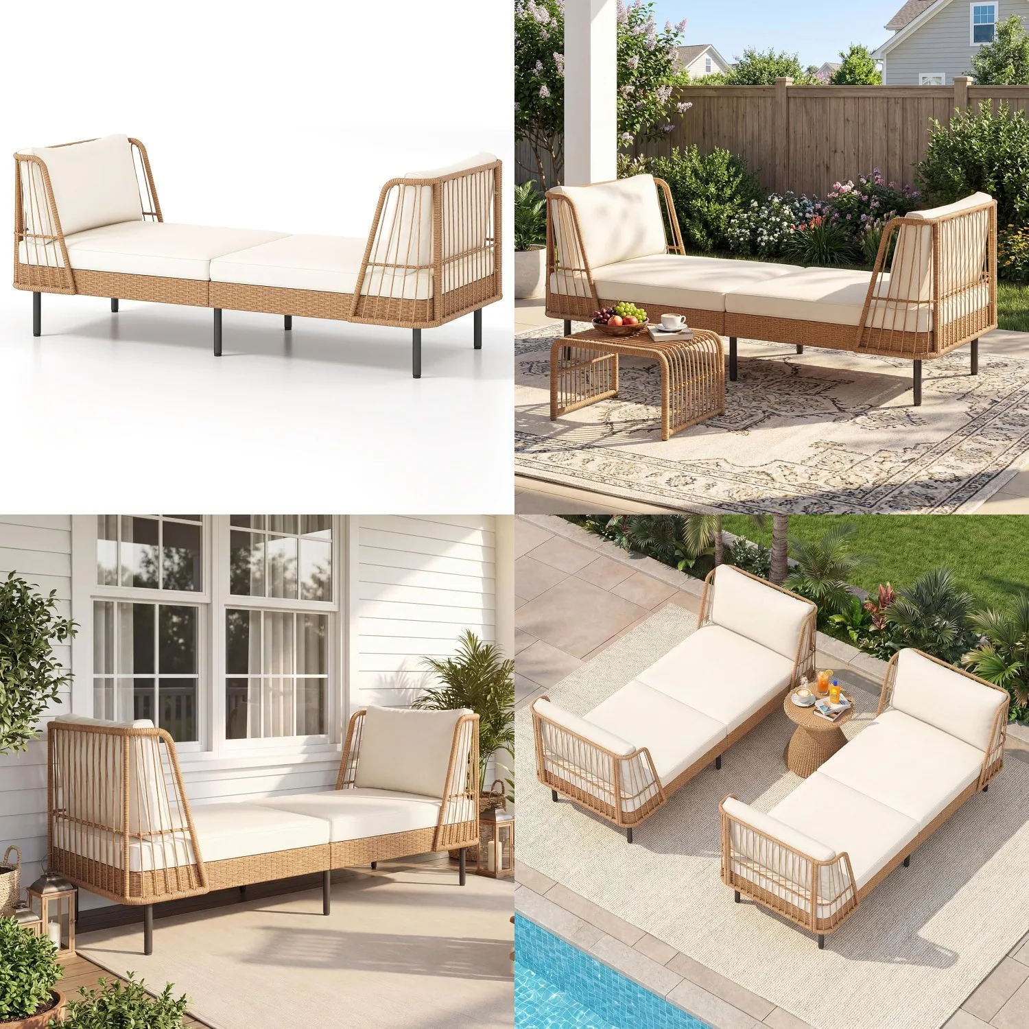 

Двухместный уличный диван-шезлонг из ротанга с подлокотниками, подушками и декоративными подушками, в стиле бохо, для веранды, двора, сада, зоны у бассейна, на заказ