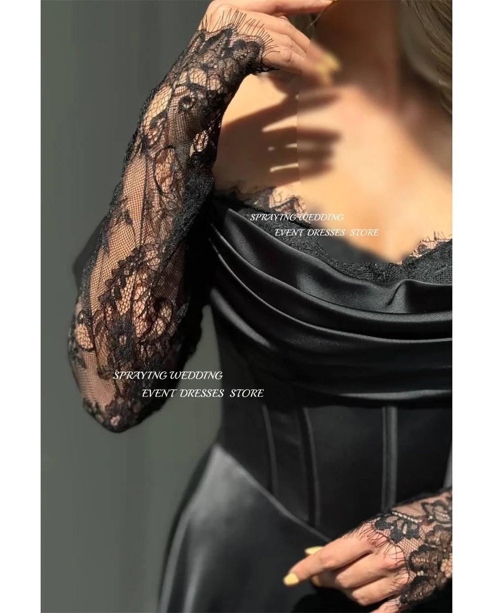 SPRAYING – robe de soirée élégante en dentelle noire, épaules dénudées, manches longues, en Satin, longue, arabe, robes d'occasion formelles, 2025