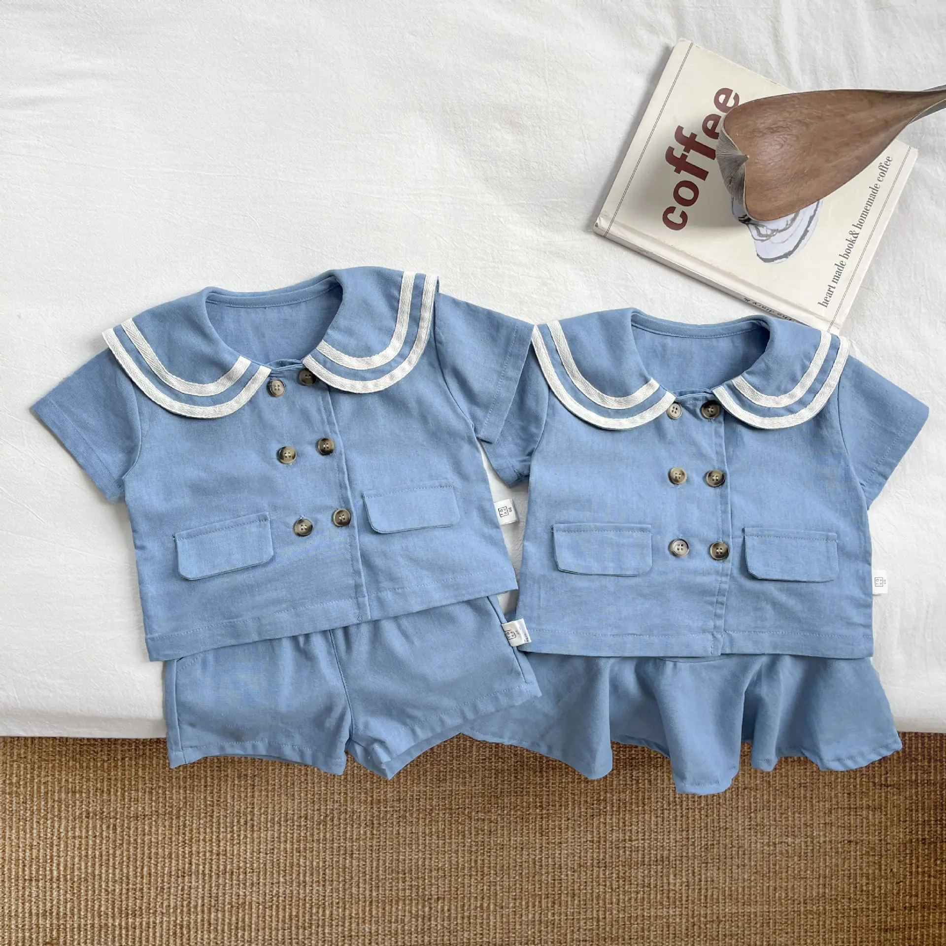 

Baby Clothing Set Boys and Girls Preppy Suit Summer New 2024 Navy Collar Sleeveless Top Culottes Korean Style Two-piece Set
