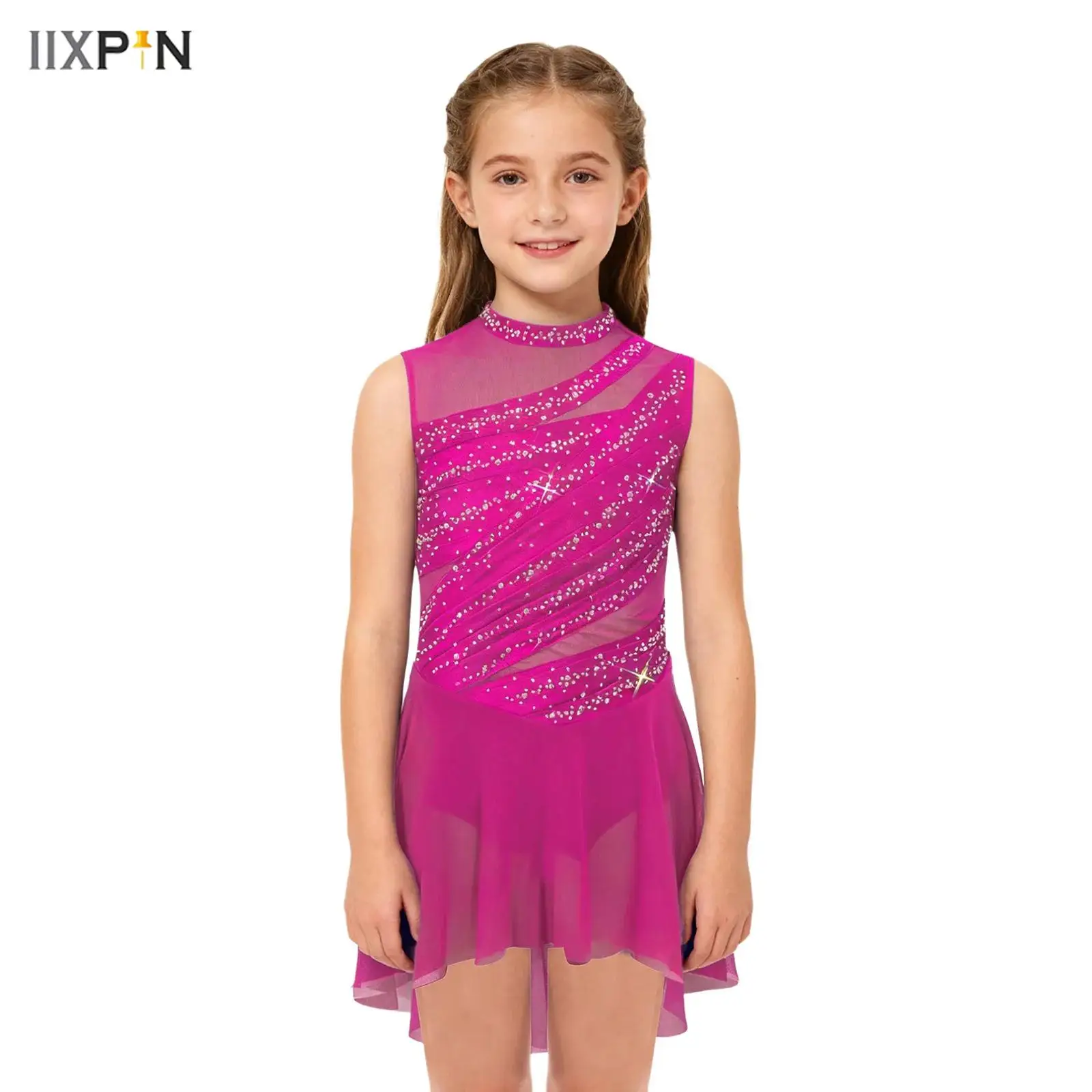 

Kids Girls Lyrical Dance Dress Sleeveless Sheer Mesh Patchwork High-Low Hem Ruched Shiny Rhinestone Leotard Dress Ballet Dress