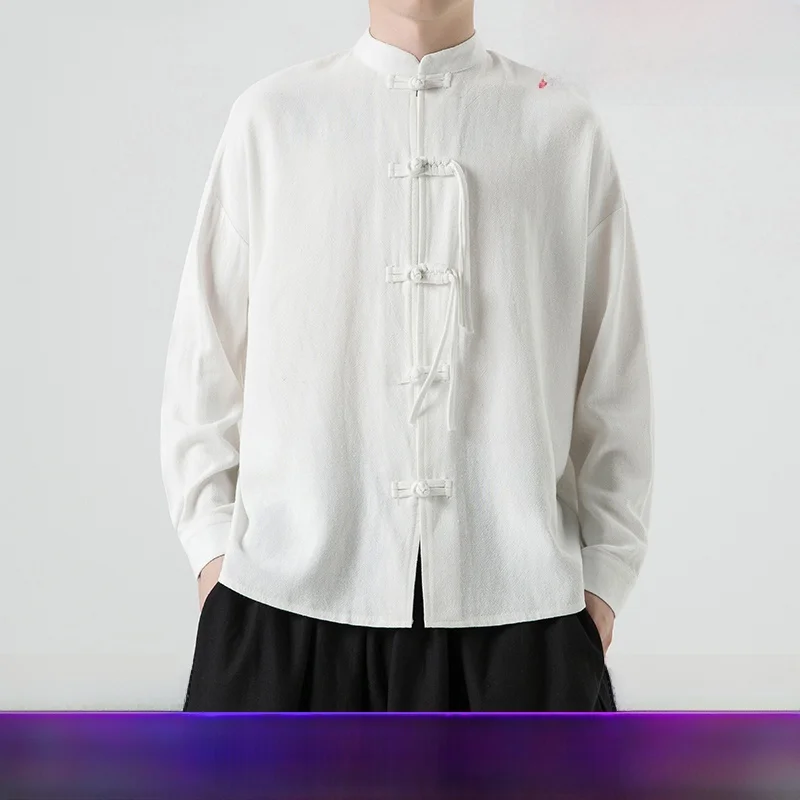 

White Linen Cotton irt Men's Long Sve Button up Traditional Chinese Sle Autumn Faion Tang Suit Jaet Stand Fit Y...